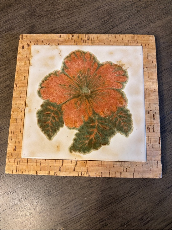 Other - Vintage Floral Ceramic Tile Trivet with Cork Frame - Orange & Green